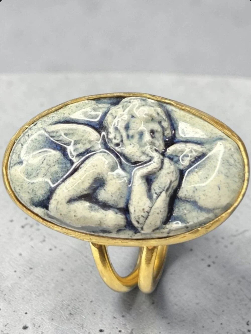 18k Gold Plated Artisan High Relief Porcelain Cherub Ring